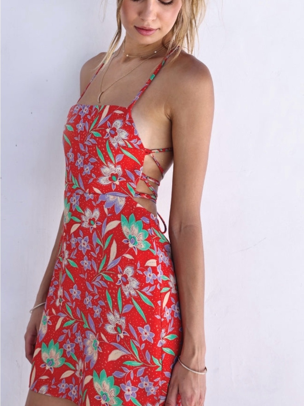 RESA Red Floral Mini Dress with Green & Lavender Accents